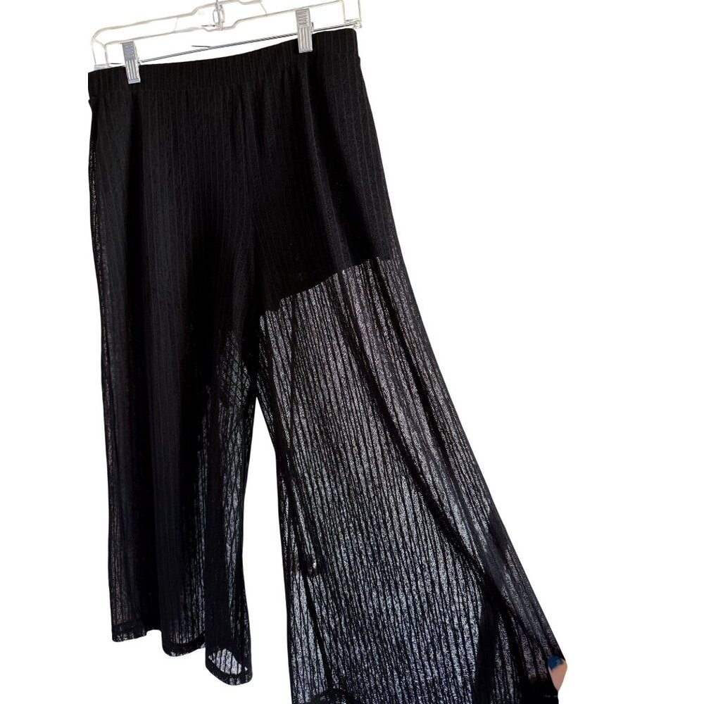 Favlux Fashion Womens Sheer Striped Black Wide-Leg Pants L 21" Inseam Pull On